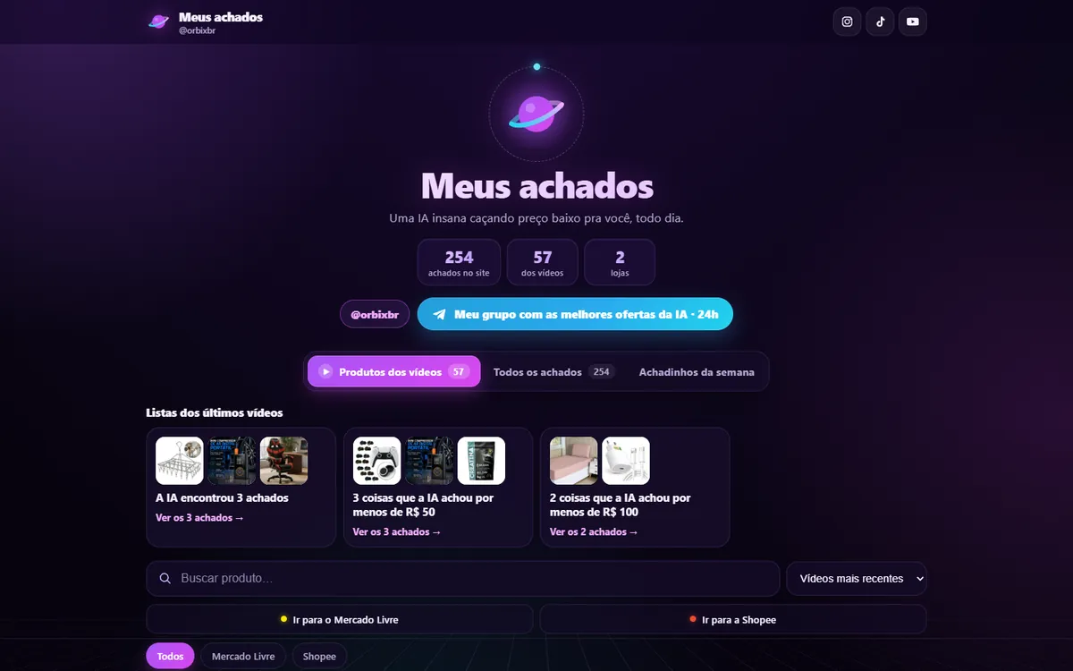 Site de links do Orbix com vitrine de produtos